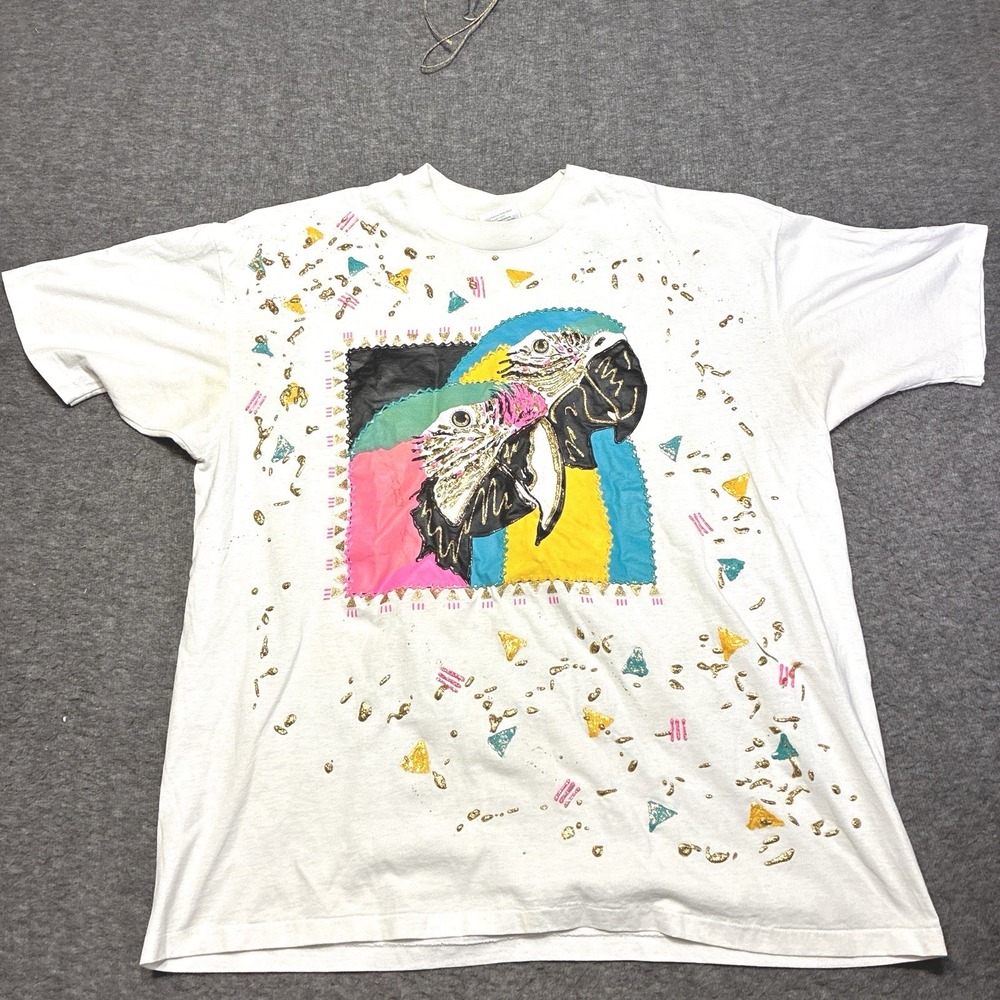 Vintage Parrots Shirt Hanes Single Stitch Women 2XL 80s Puff Paint Glitter Wild
